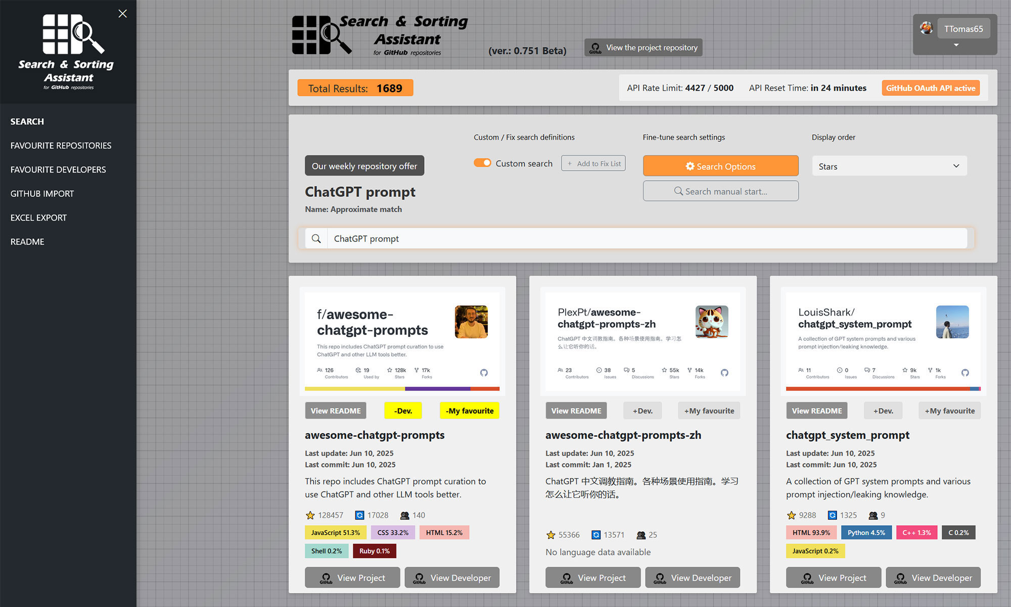 Keresés-rendezés-asszisztens GitHub-repozitóriumokhoz